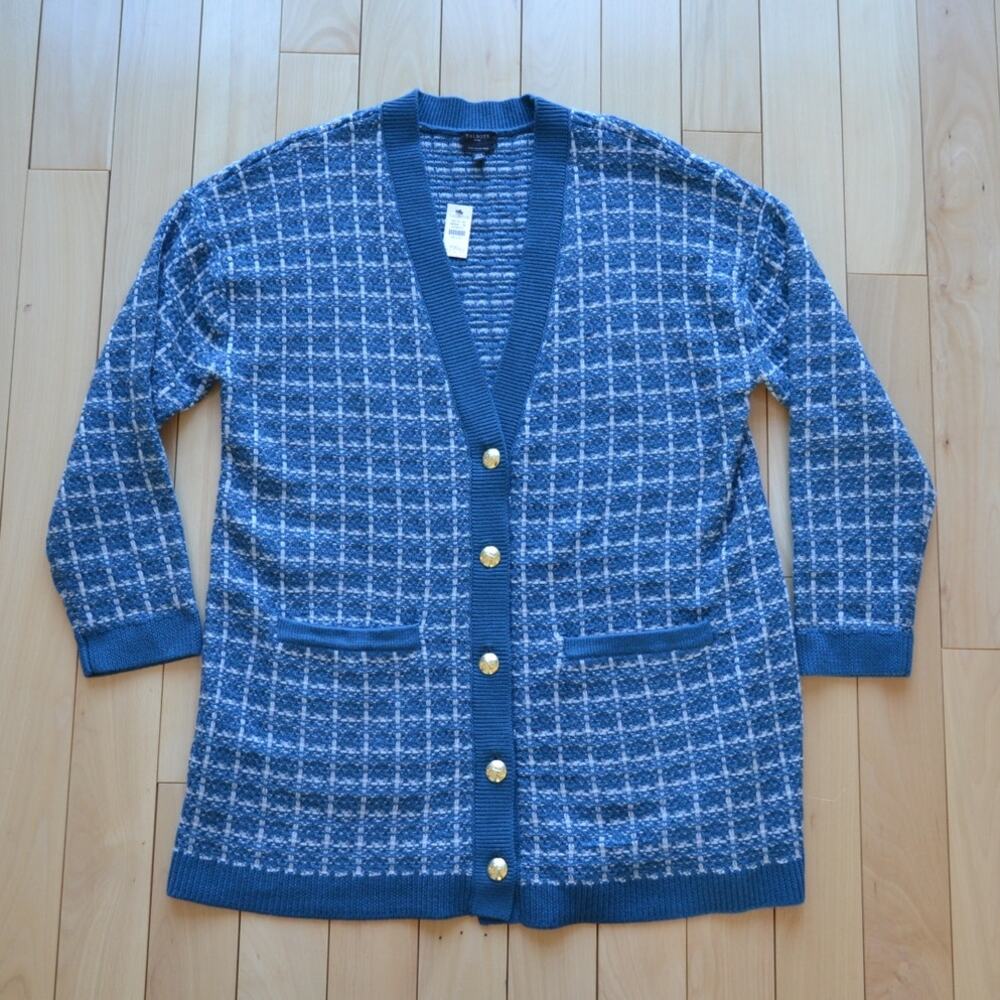 NWT Talbots Merino Wool Knit Cardigan Sweater Blue White Size XL